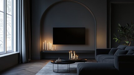 Dark Living Room Interior with TV and Candles