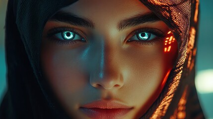 Naklejka premium Mystic Woman With Glowing Eyes And Veiled Head, Close-Up. Concept For Fantasy Or Sci-Fi.