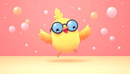 Obraz premium Cute bird jumps, bubbles, pink