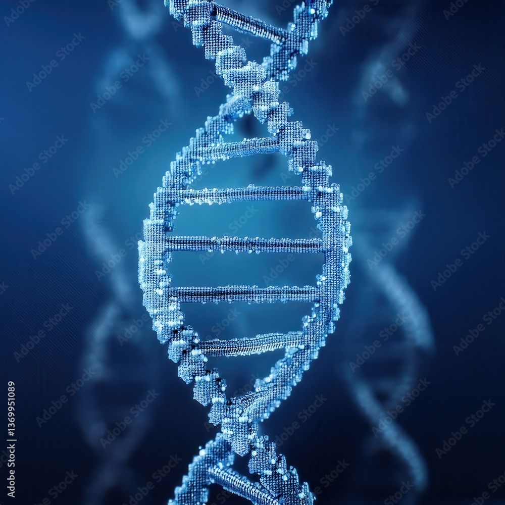 Poster digital representation of a firefly dna helix made from pixels on a dark blue background