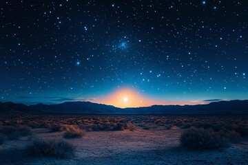 Captivating charm of a desert landscape, illuminated by the moonlight on a night when stars twinkle in the sky like celestial gems. Generative Ai