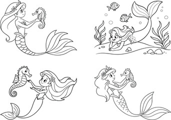 a grill mermaid in the underwater world. Coloring book page for kids. Cartoon style. Vector illustration isolated on white background