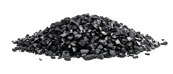 Pile of black coal or charcoal pieces on a white background