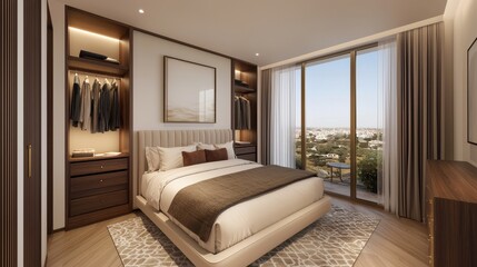 Fototapeta premium Modern Bedroom Interior Design with City View and Elegant Decor