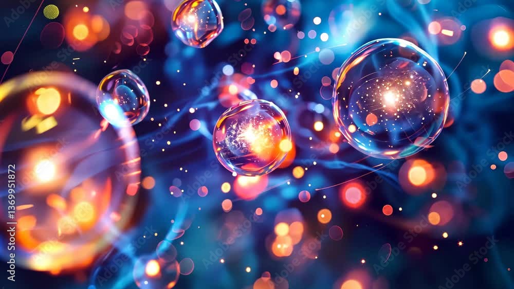 Poster the glowing bubbles float amidst colorful particles in a dynamic cosmic environment, creating a visu