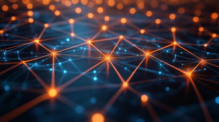 Bright connections form a digital network of blue and orange dots against a dark background at night