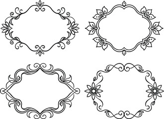 Set of vintage decorative frames with ornate floral patterns and elegant swirl designs in a retro, Victorian style