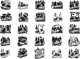 Obraz premium Black Bear Cubs on log Vector