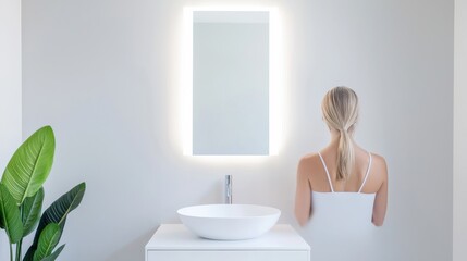 Woman in White Tank Top Facing Illuminated Bathroom Mirror in Minimalist Setting