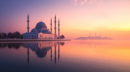 Fototapeta premium Majestic mosque reflecting in calm waters during a vibrant sunrise spectacle