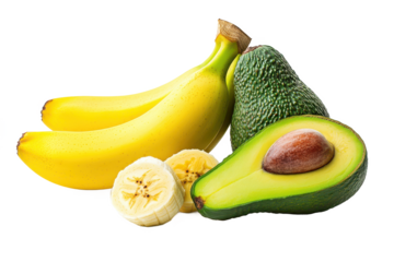 Still life of bananas and avocados Isolated on transparent background, PNG