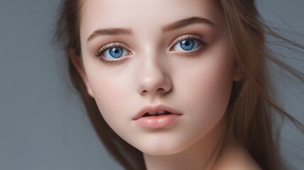 Fototapeta premium Portrait of a Young Woman with Beautiful Blue Eyes and Long Brown Hair