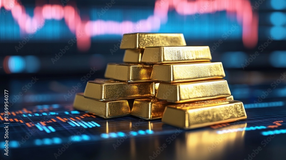 Poster a stack of gold bars rests on a glossy surface with dynamic stock market charts displayed in the bac