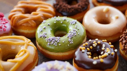 Close-up of assorted gourmet doughnuts with unique flavors like matcha, lavender, and salted caramel