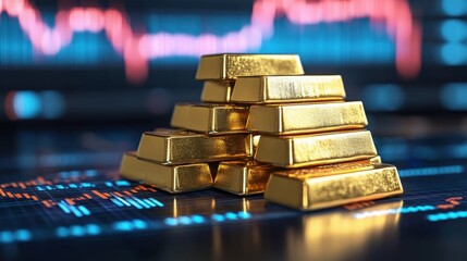 A stack of gold bars rests on a glossy surface with dynamic stock market charts displayed in the background, symbolizing wealth management