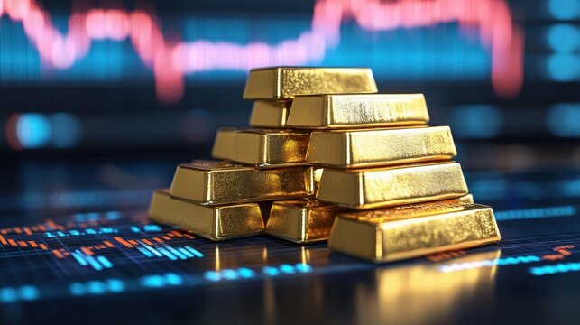 A stack of gold bars rests on a glossy surface with dynamic stock market charts displayed in the background, symbolizing wealth management