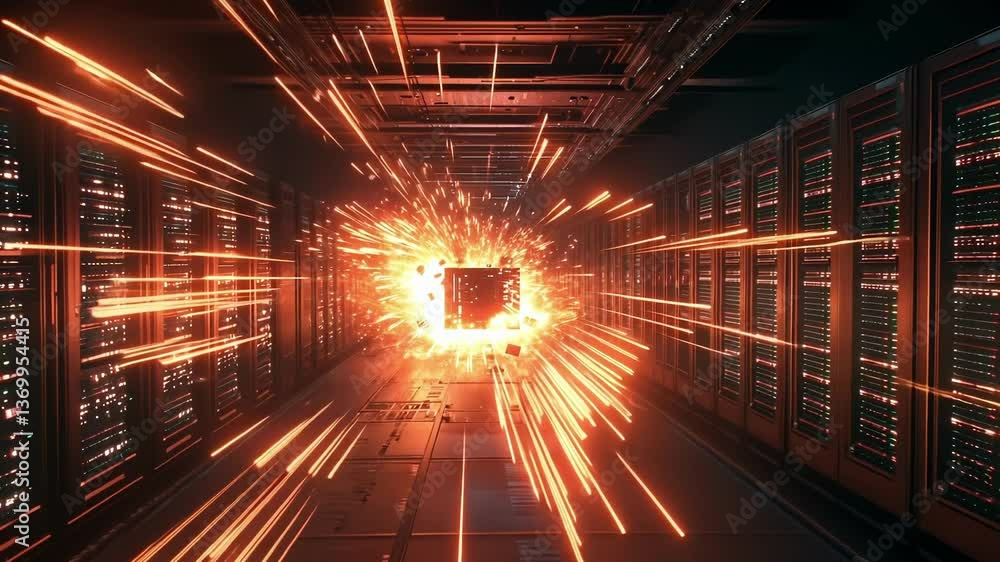Poster bright orange trails of light streak through a futuristic server room, converging on an exploding ce