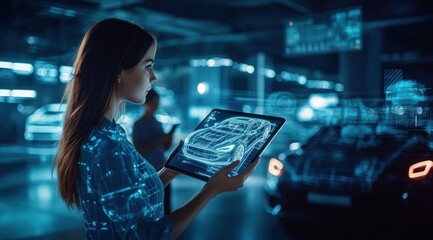A woman holds a tablet displaying a holographic car model in a contemporary automotive design studio, deep in thought about her project
