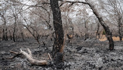 Firefly forest aftermath reveals ash-covered ground and charred trees following a recent wildfire