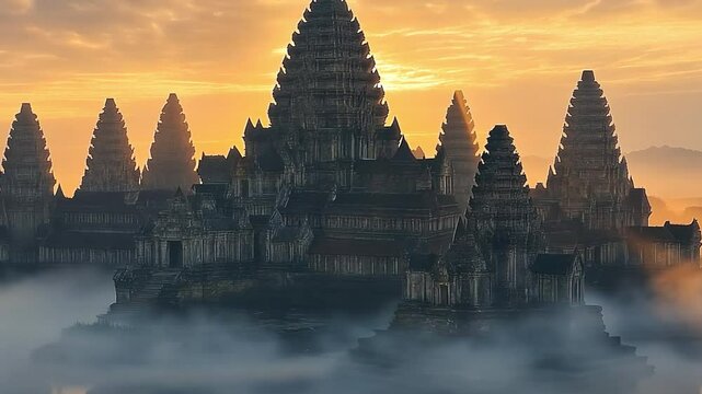 Ancient Angkor Wat: A majestic view of Angkor Wat temple against a breathtaking sunrise sky, with the silhouette of the iconic structure rising above the mist.