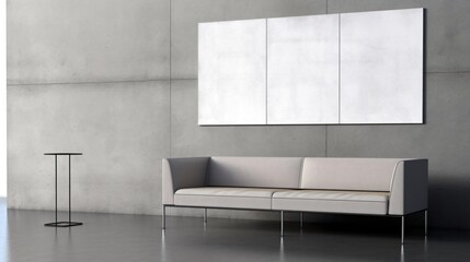 Modern Minimalist Living Room Interior with Grey Concrete Wall, White Sofa, and Abstract Art