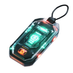 Ultra-HD depiction of portable handheld wireless electronic fish bite alarm, compact sleek...