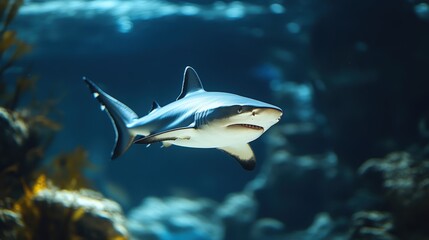 Obraz premium Blacktip shark glides through a vibrant blue aquarium, surrounded by rocks and seaweed. A captivating underwater view