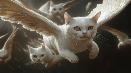 several white flying cats with large wings