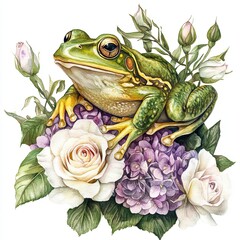 Frog perched on colorful flowers in a vibrant garden setting filled with blooming roses and hydrangeas
