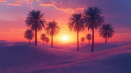 Desert sunset with palm trees.  A vibrant, dramatic sunset paints the vast, sandy desert landscape with warm, rosy hues.  Silhouette palm trees stand tall against the vivid sky