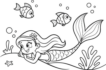 Silhouette of a mermaid with flowers in a vintage floral coloring page