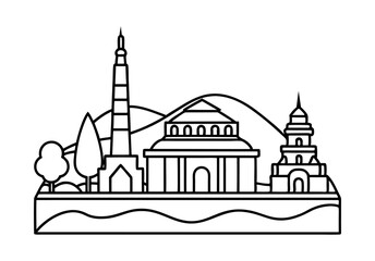 Vector illustration of a castle with tower and church elements, symbolizing a historic European landmark in a city setting