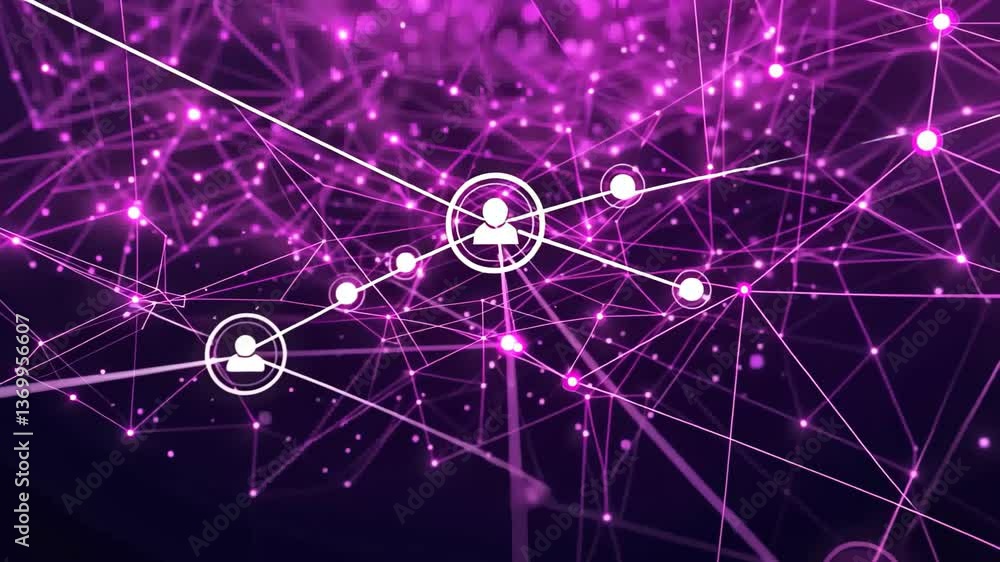 Aufkleber glowing purple nodes are interconnected by lines in a complex network against a dark backdrop, illus