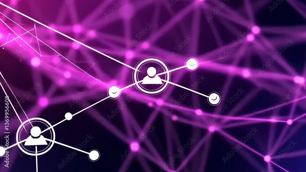 Poster vibrant purple lines and luminous particles intertwine to form an abstract pattern, creating an elec