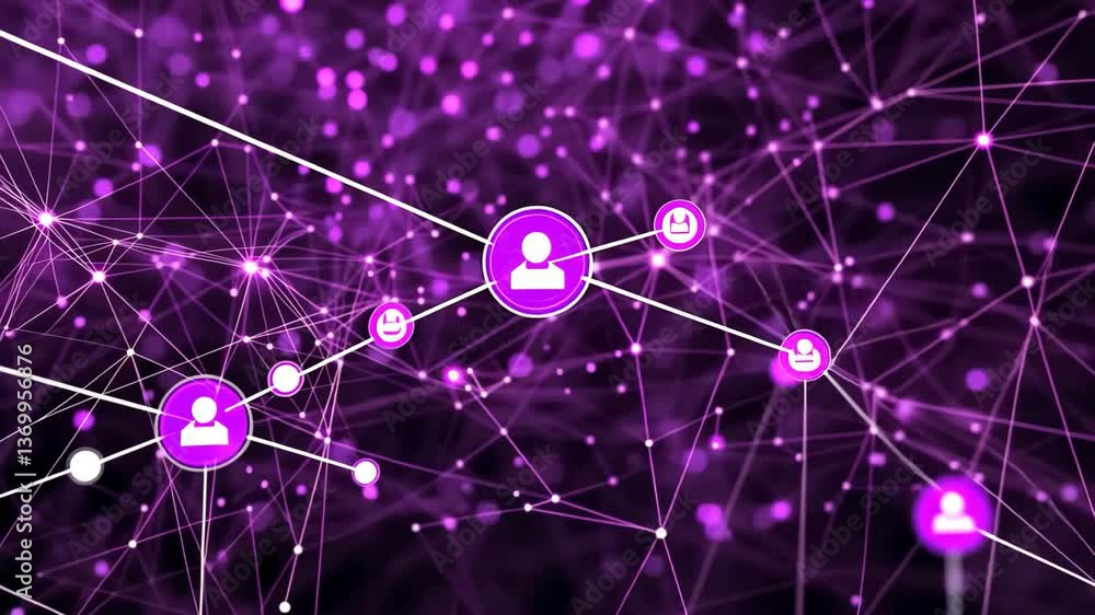 Poster a vibrant display of interconnected purple dots and lines against a dark backdrop illustrates the co