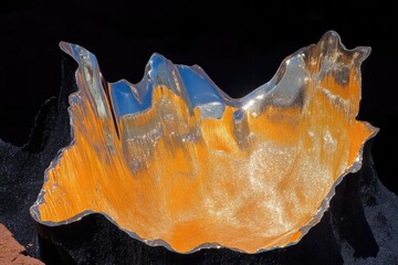 Fototapeta premium Sculptural bowl reflecting sky, with metallic, abstract, organic forms