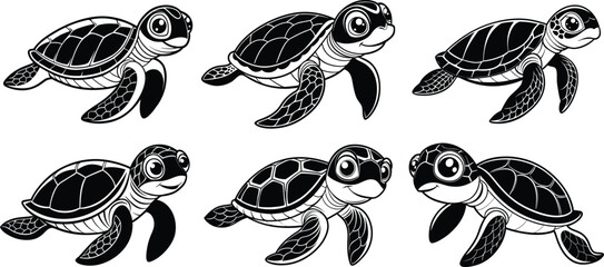 Vector illustration of a cute sea turtle swimming in the ocean with other marine animals like a shark, octopus, and starfish, in a fun tropical underwater scene