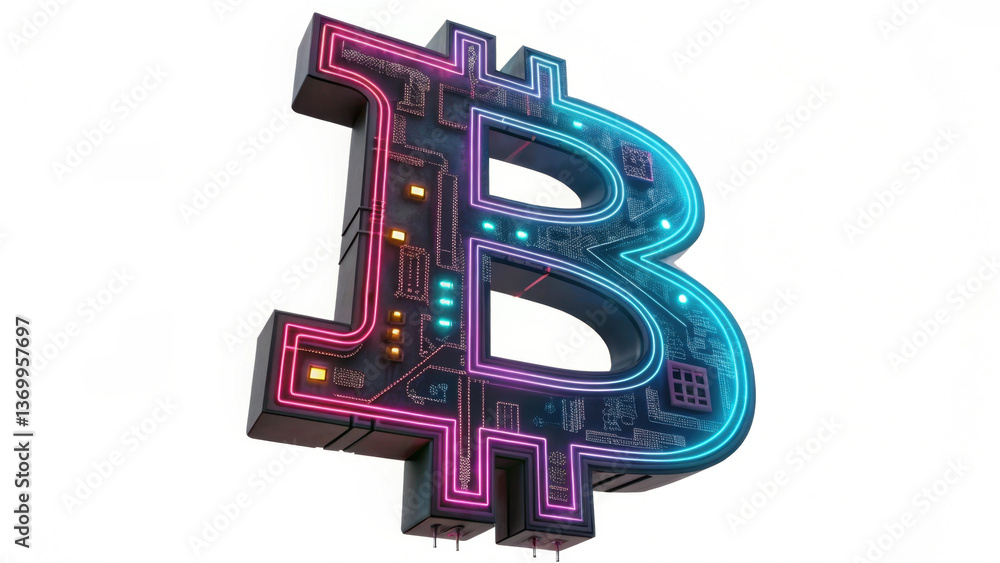 Aufkleber futuristic bitcoin symbol with neon lights and circuit patterns, representing digital currency and t