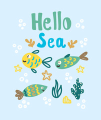 Colorful summer kids print featuring friendly sea life design. Vector illustration