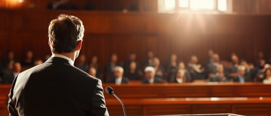 courtroom drama scene featuring man addressing audience, with focus on speaker back. atmosphere is tense and serious, highlighting importance of moment