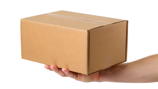 A hand holding a plain brown cardboard box package delivery shipping isolated on white or transparent background Generative AI