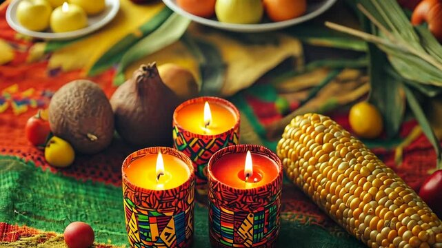Colorful celebration featuring traditional candles, fresh fruit, and vibrant textiles during a festive gathering