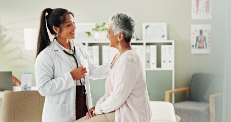 Woman, doctor and mature patient for consulting, support or conversation with checkup appointment...