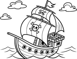 Pirate ship vector illustration with nautical elements and vintage design coloring page