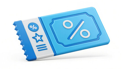 blue 3D coupon with percentage symbol and star design represents discount offer, evoking excitement and savings. ticket like shape adds playful touch