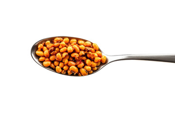 Spoonful of cooked beans with a glossy sauce on a silver spoon Isolated on transparent background, PNG