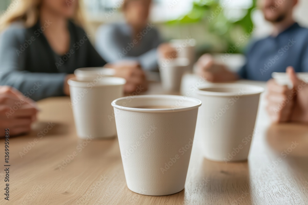 Poster team meeting is taking place with several coffee cups on wooden table, creating warm and collaborati