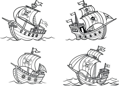 Pirate ship vector illustration with nautical elements and vintage design coloring page