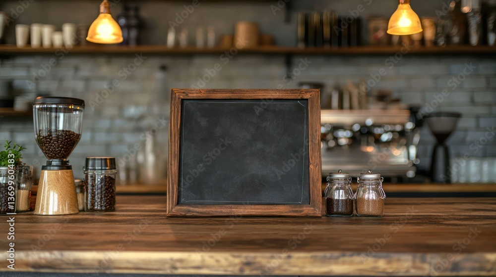 Poster blank chalkboard menu on a cafã© counter with soft lighting.