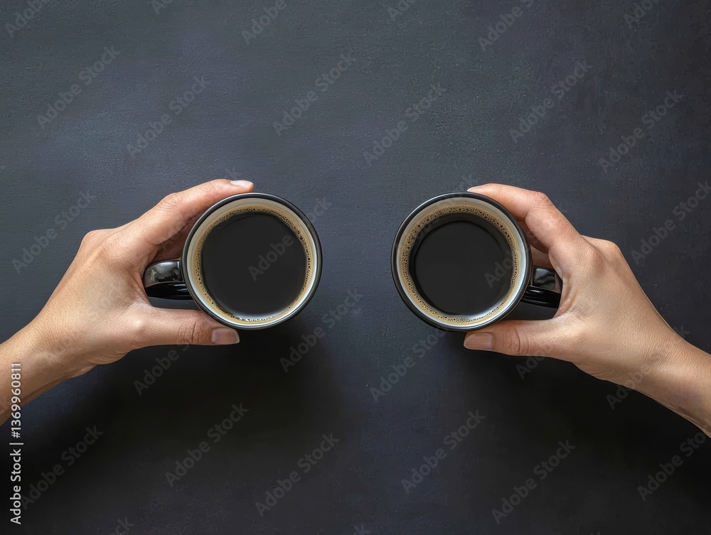 Poster hands holding coffee cups, symbolizing connection and collaboration in workplace setting. dark backg